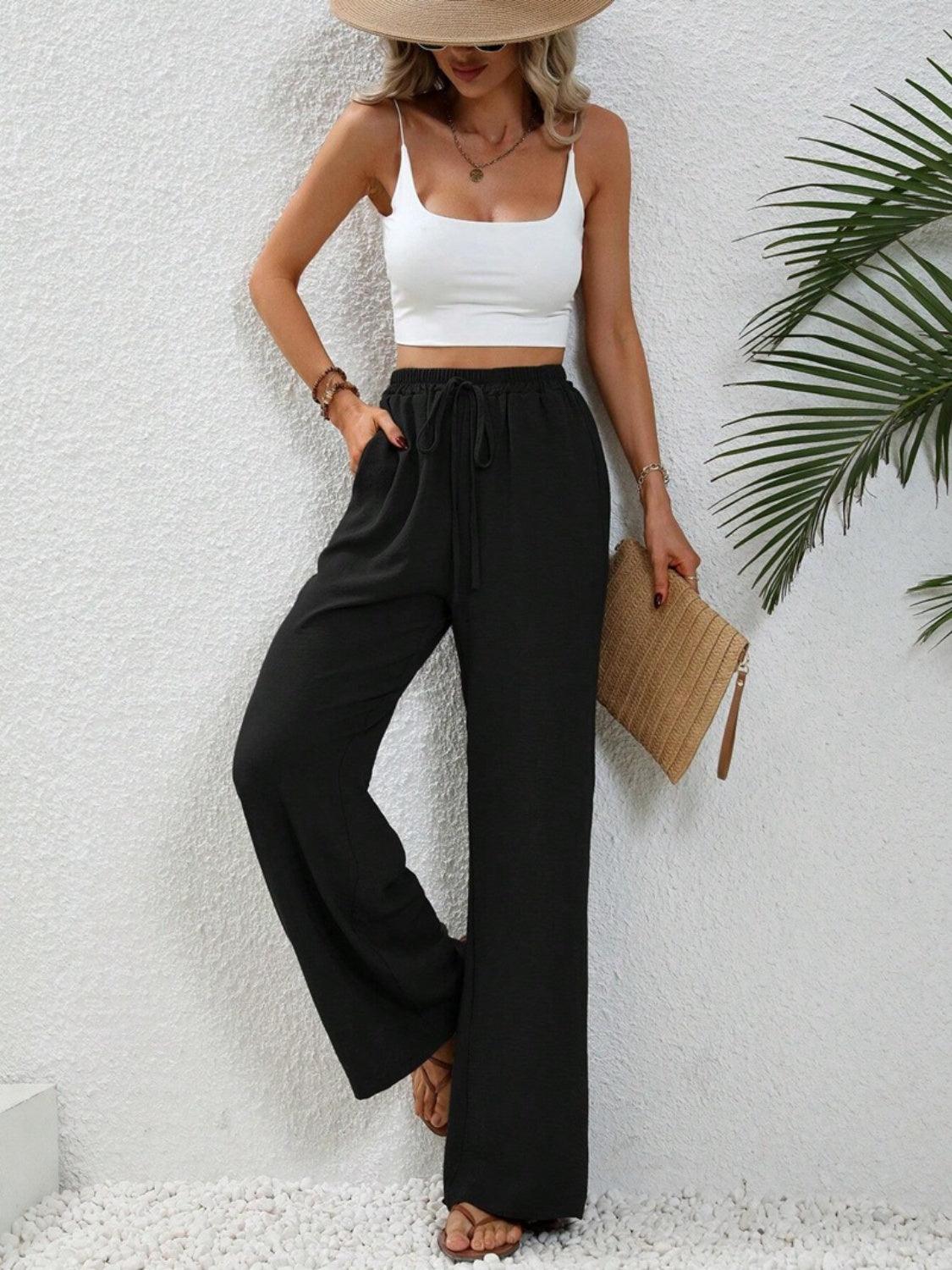 Wide Leg Drawstring Pants - Trendy by Luna