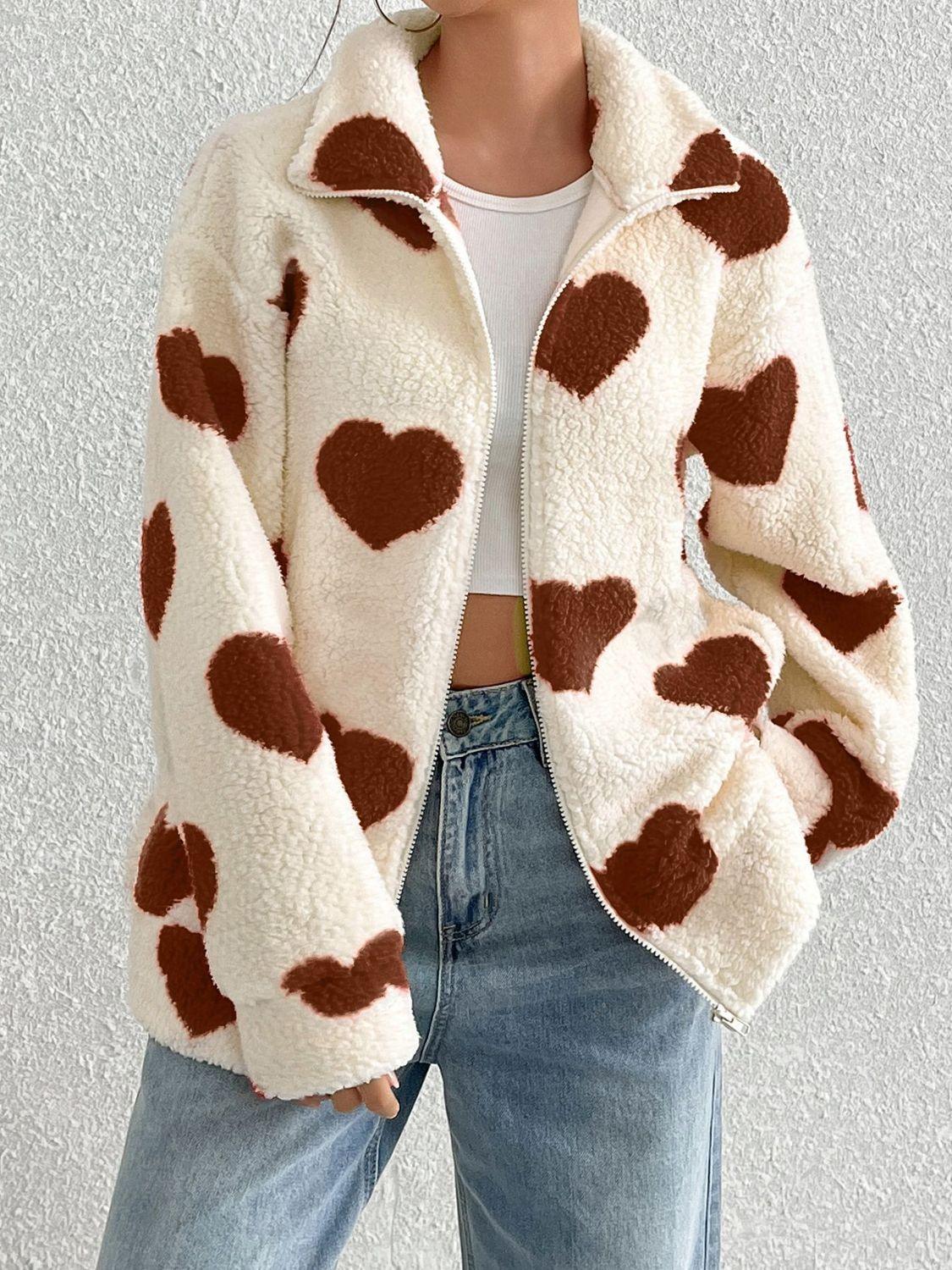 Heart Zip Up Drop Shoulder Furry Jacket - Trendy by Luna