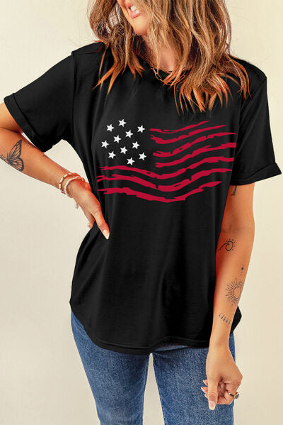 US Flag Round Neck Short Sleeve T-Shirt - Trendy by Luna