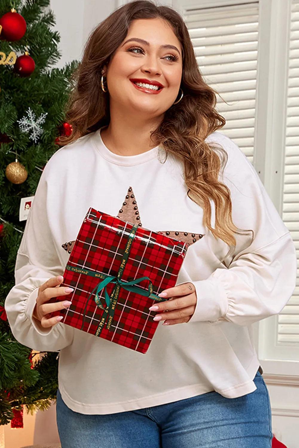 Plus Size Studded Star Round Neck Long Sleeve Blouse - Trendy by Luna