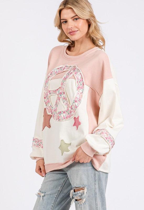 Peace & Star Patch Contrast Round Neck Sweatshirt - Trendy by Luna