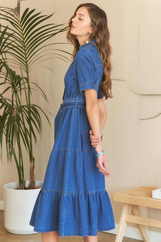 Tiered Button Down Tie Waist Short Sleeve Denim Dress - Trendy by Luna