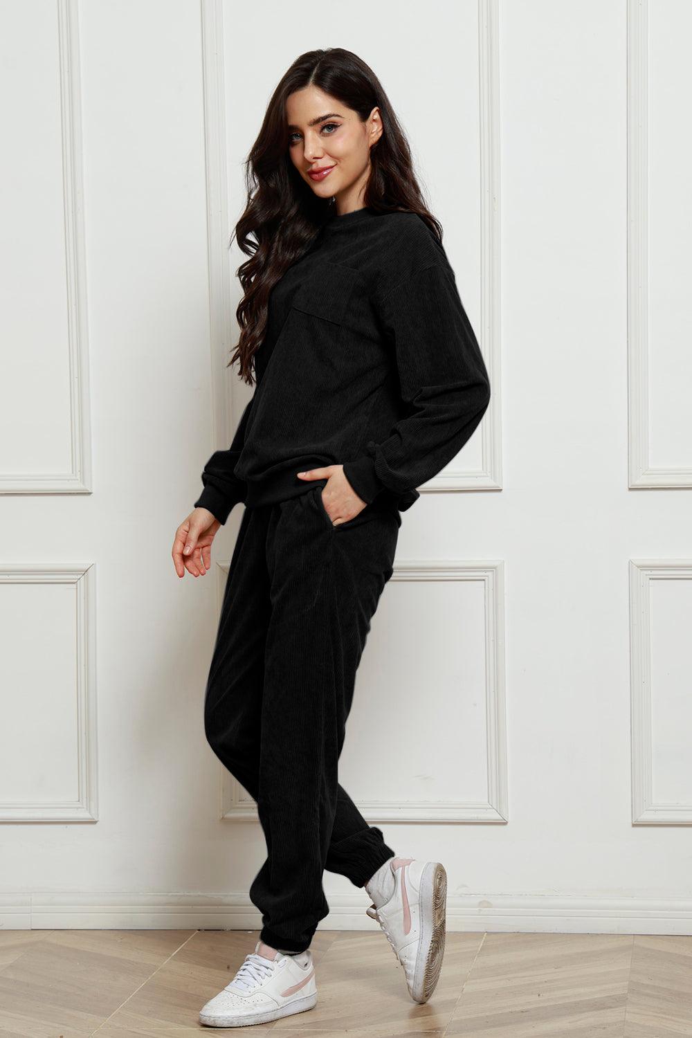 Corduroy Round Neck Sweatshirt and Sweatpants Set - Trendy by Luna