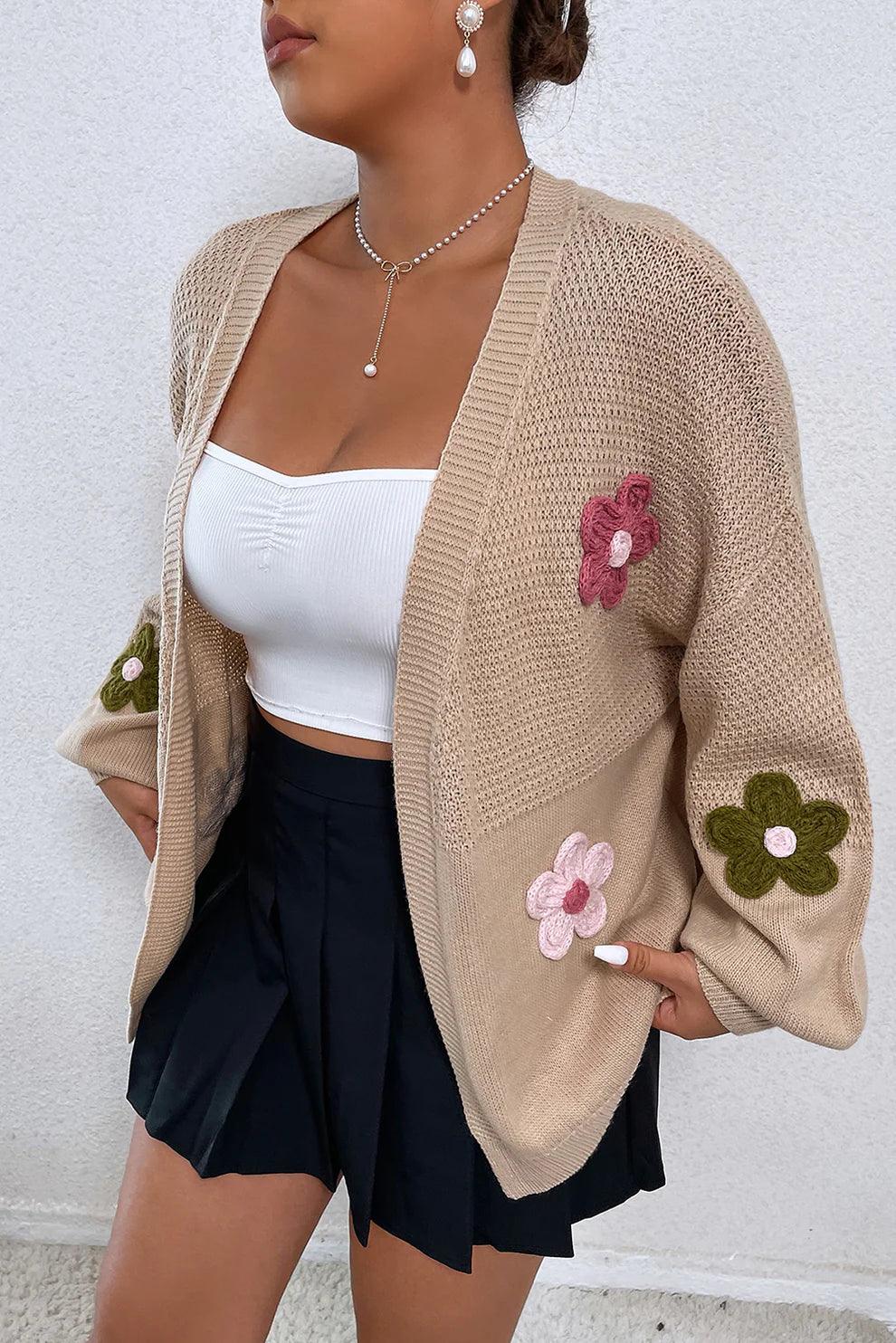 Floral Applique Drop Shoulder Open Front Cardigan - Trendy by Luna