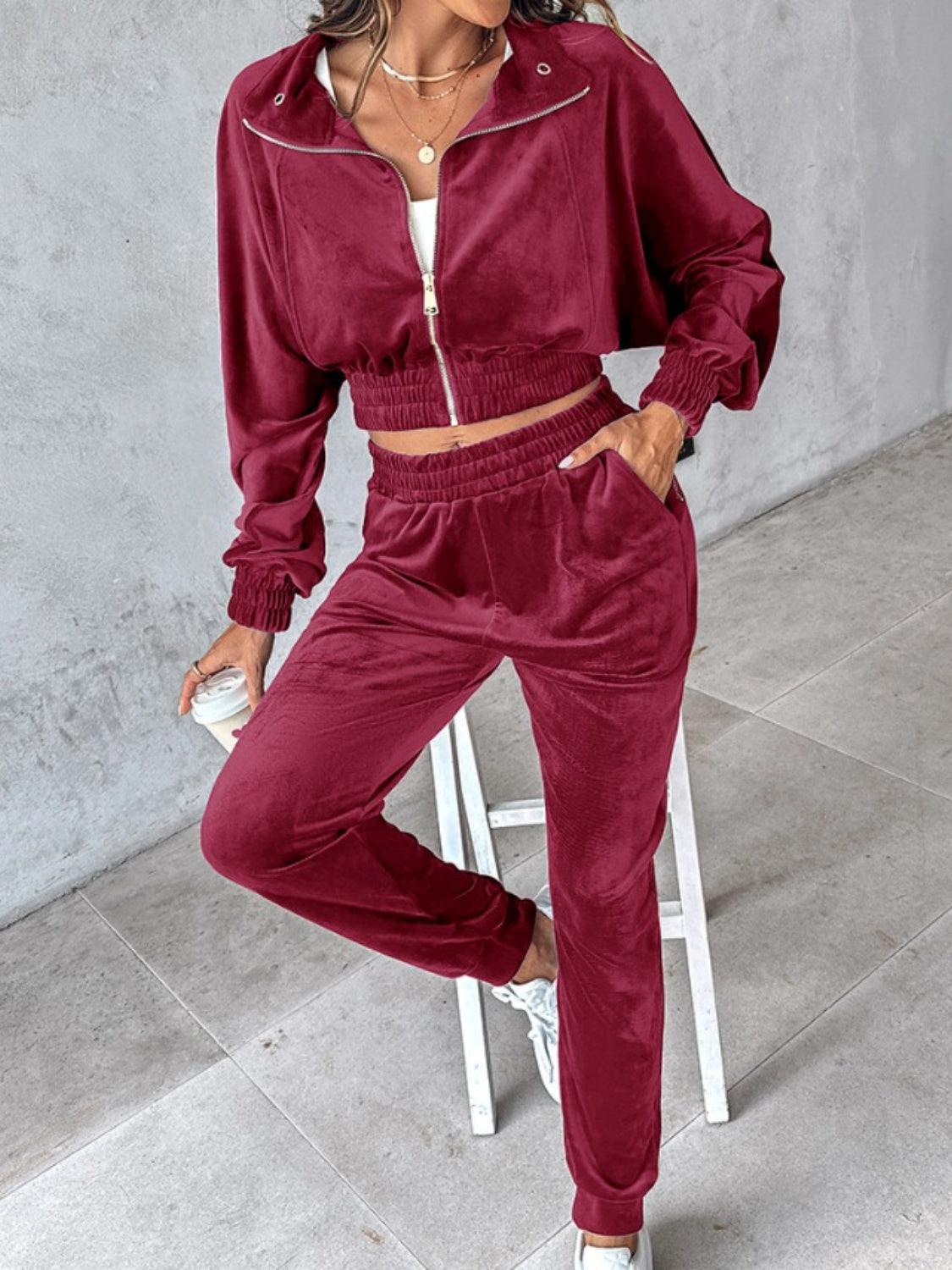 Zip Up Long Sleeve Cropped Top and Joggers Set - Trendy by Luna