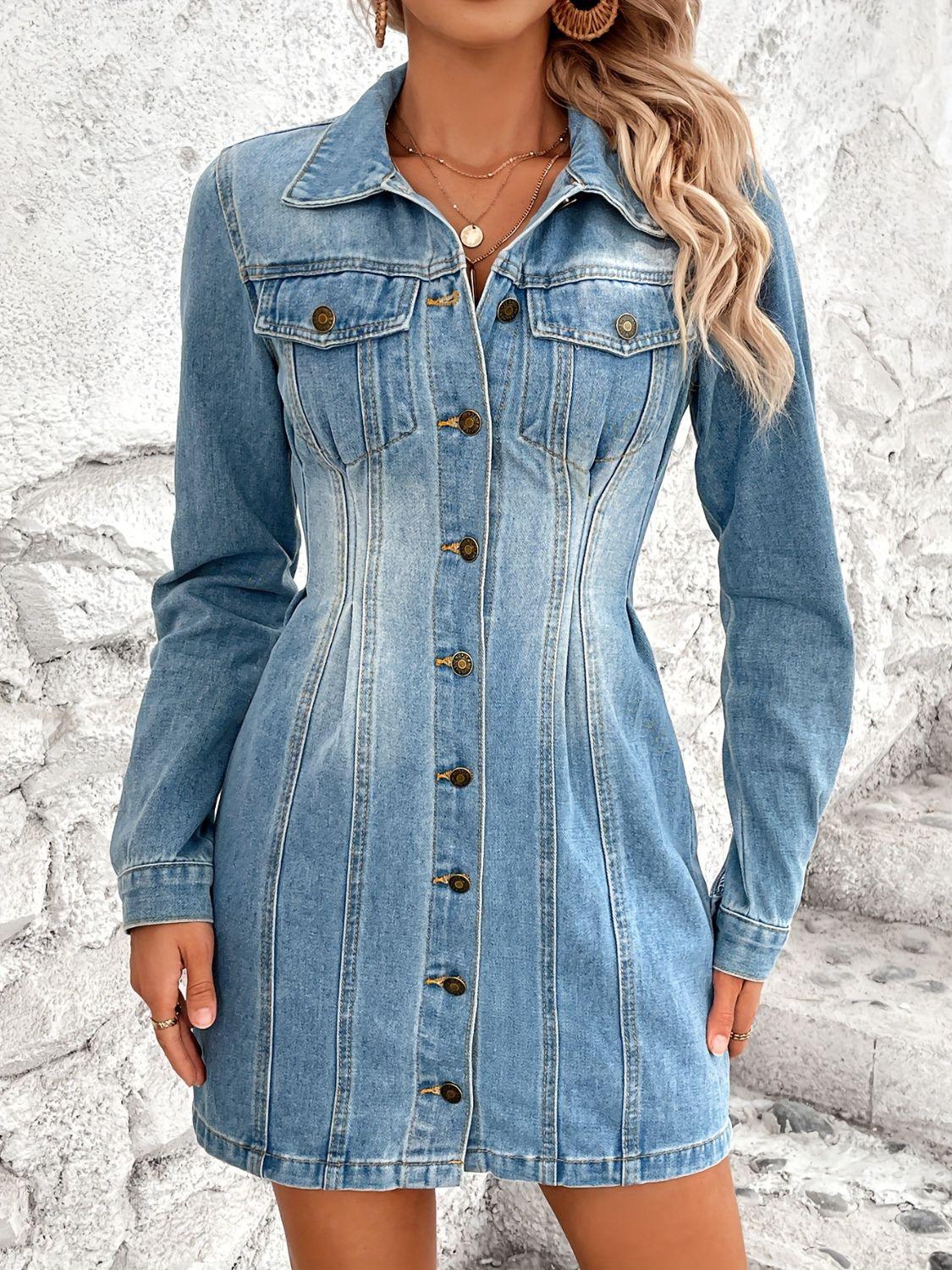 Pocketed Button Up Long Sleeve Denim Dress - Trendy by Luna