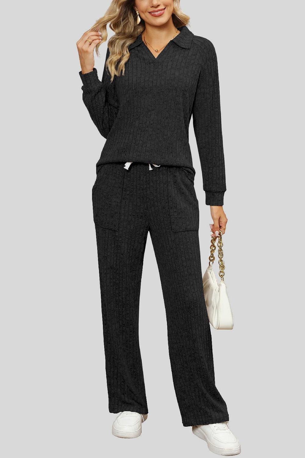 Ribbed Long Sleeve Top and Pocketed Pants Set - Trendy by Luna