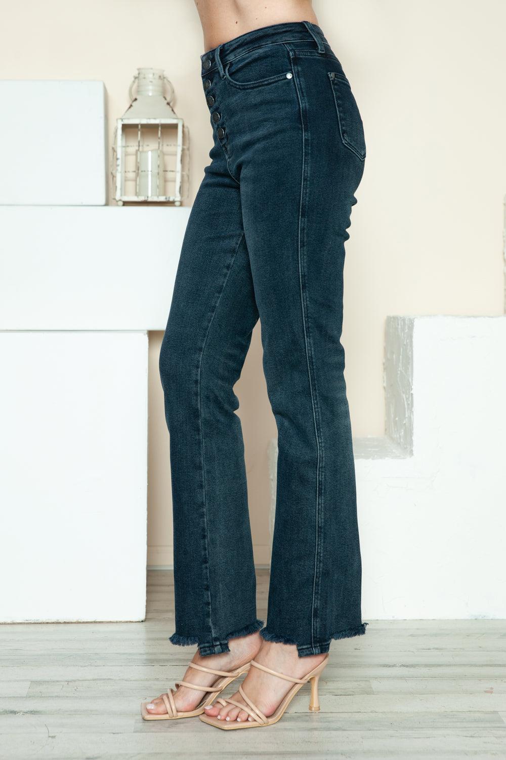 Button Fly Hem Destroy Straight Jeans - Trendy by Luna