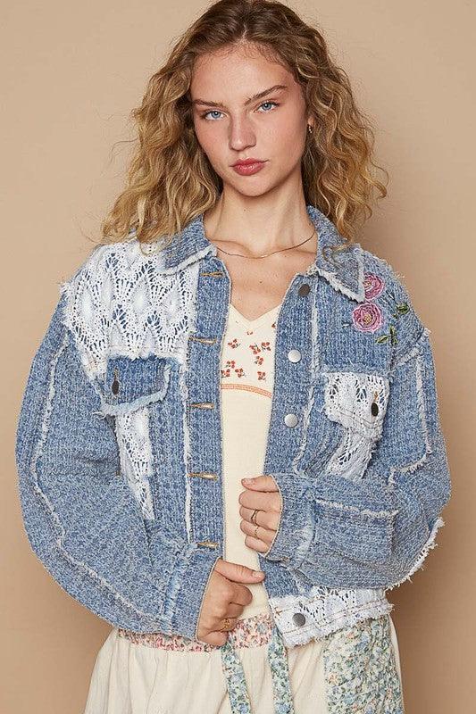 Crochet Patch Embroidered Button Up Jacket - Trendy by Luna