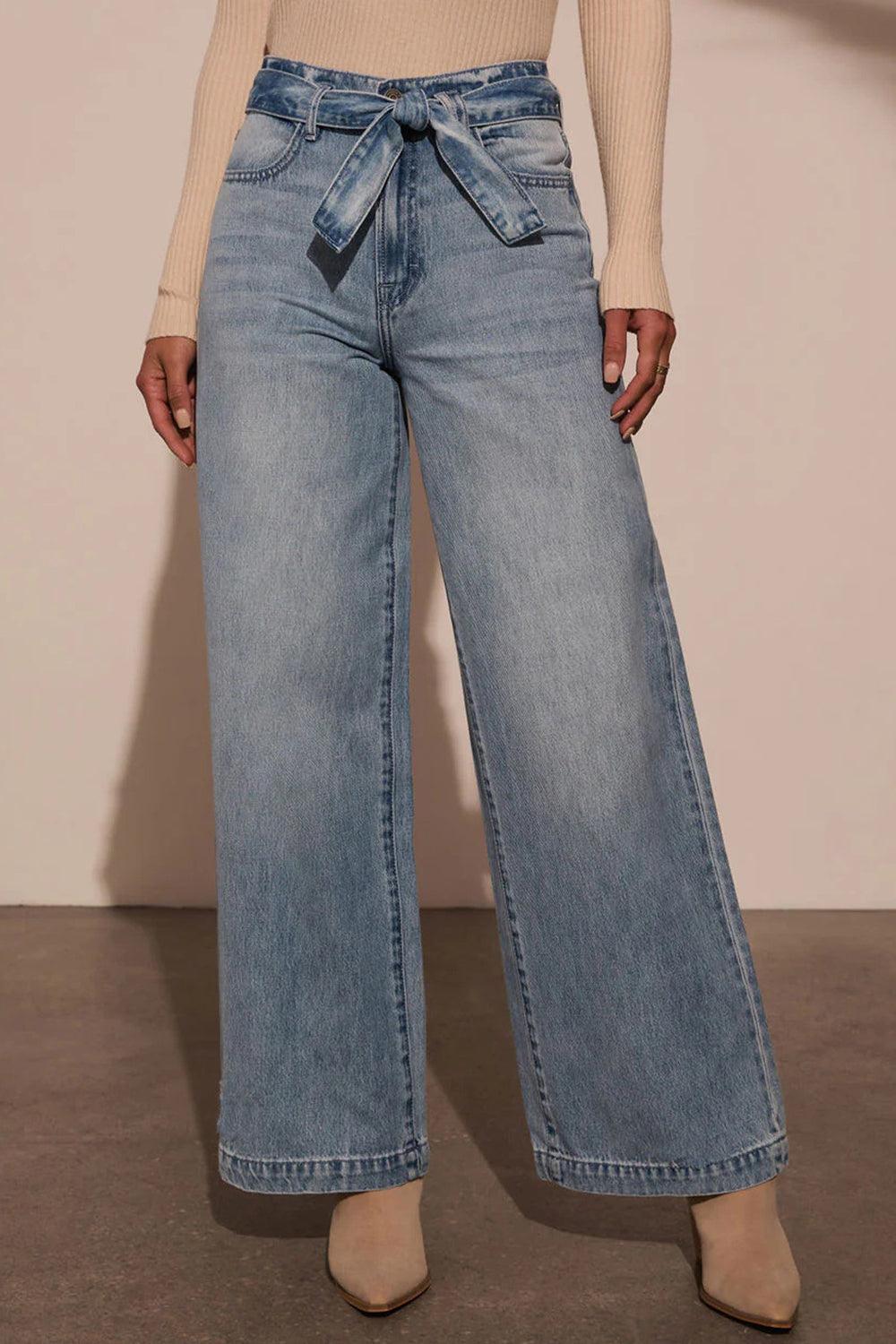 Tied Wide Leg Jeans with Pockets - Trendy by Luna