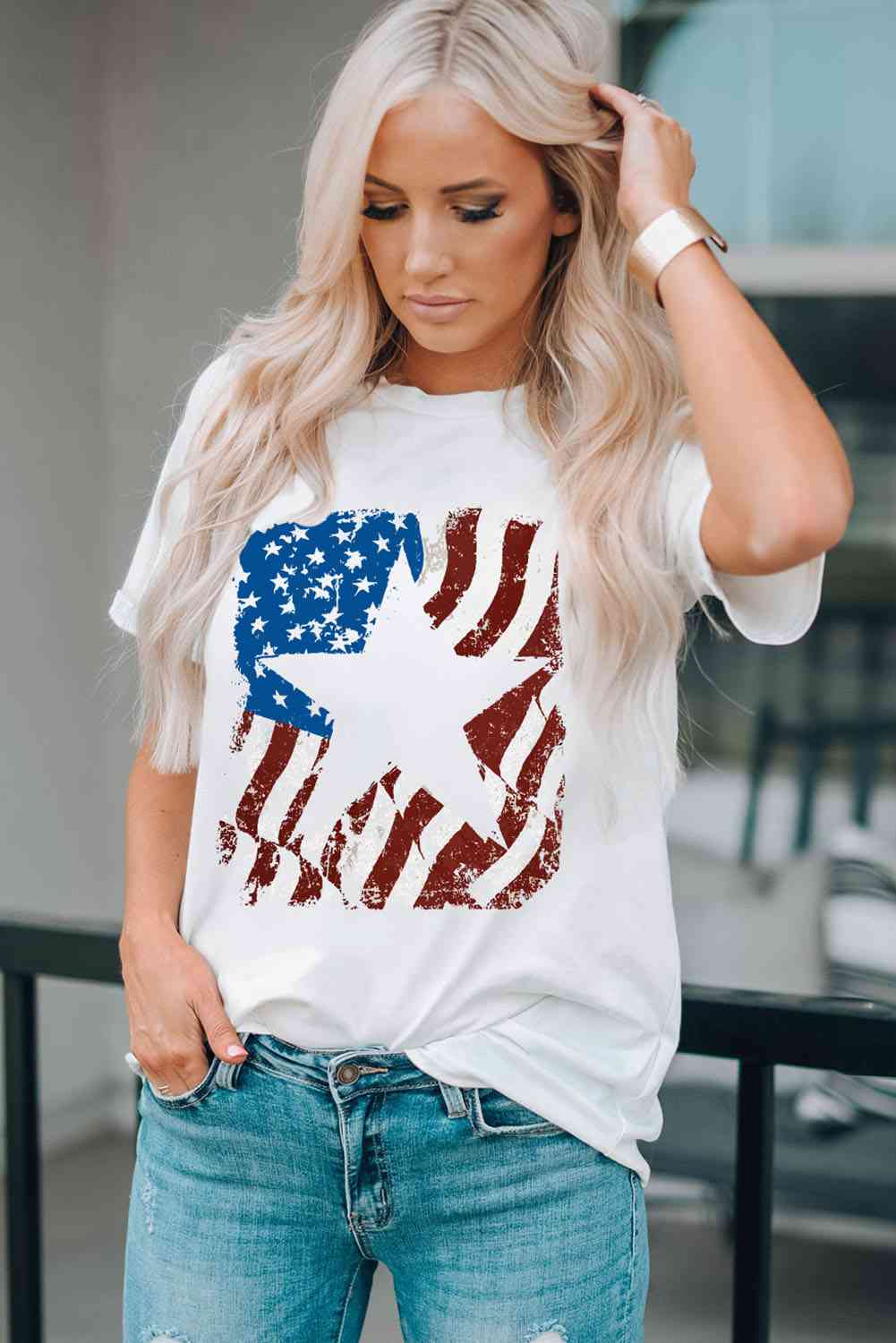 US Flag Graphic Round Neck Tee - Trendy by Luna