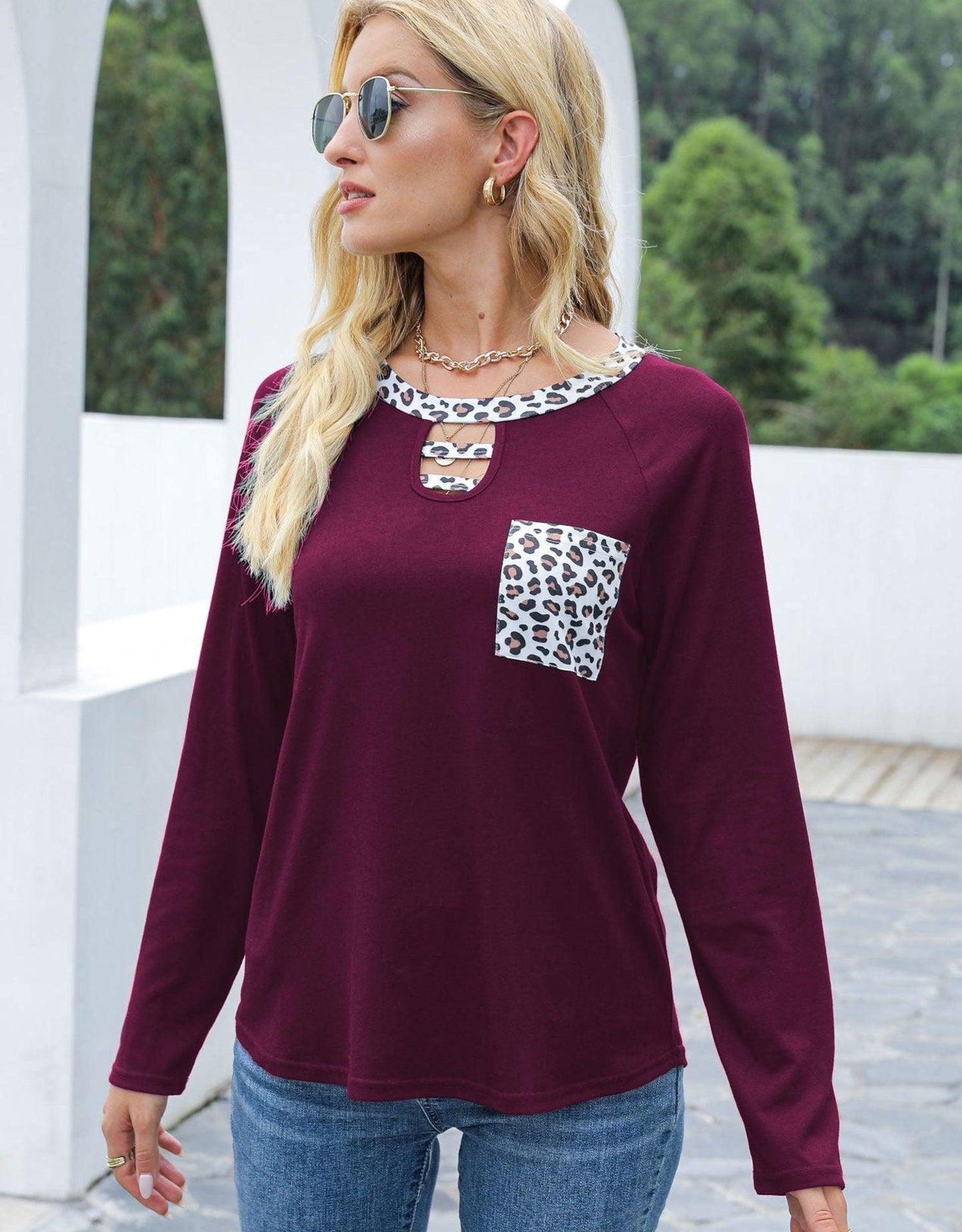 Cutout Leopard Round Neck Long Sleeve T-Shirt - Trendy by Luna