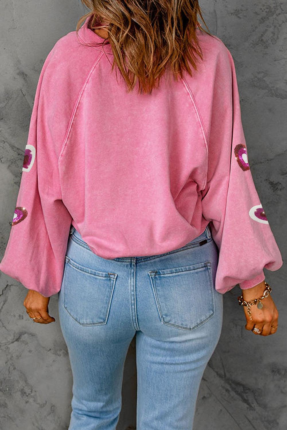 Heart Sequin Half Snap Mineral Wash Sweatshirt - Trendy by Luna