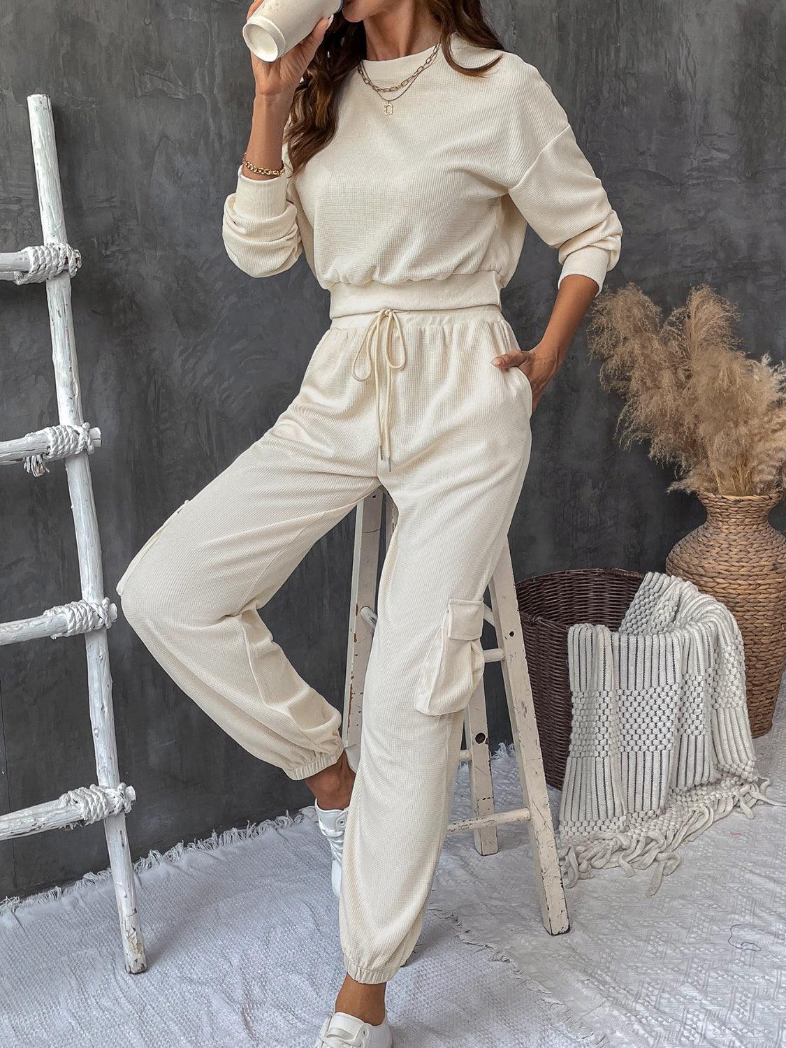 Perfee Round Neck Long Sleeve Top and Pants Set - Trendy by Luna