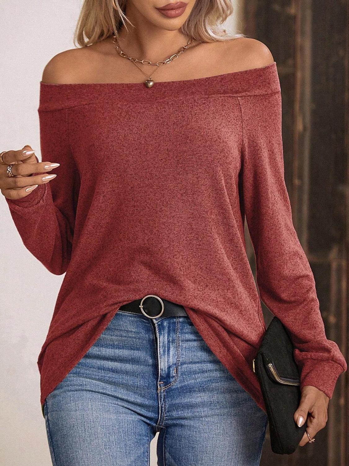 Off-Shoulder Long Sleeve T-Shirt - Trendy by Luna