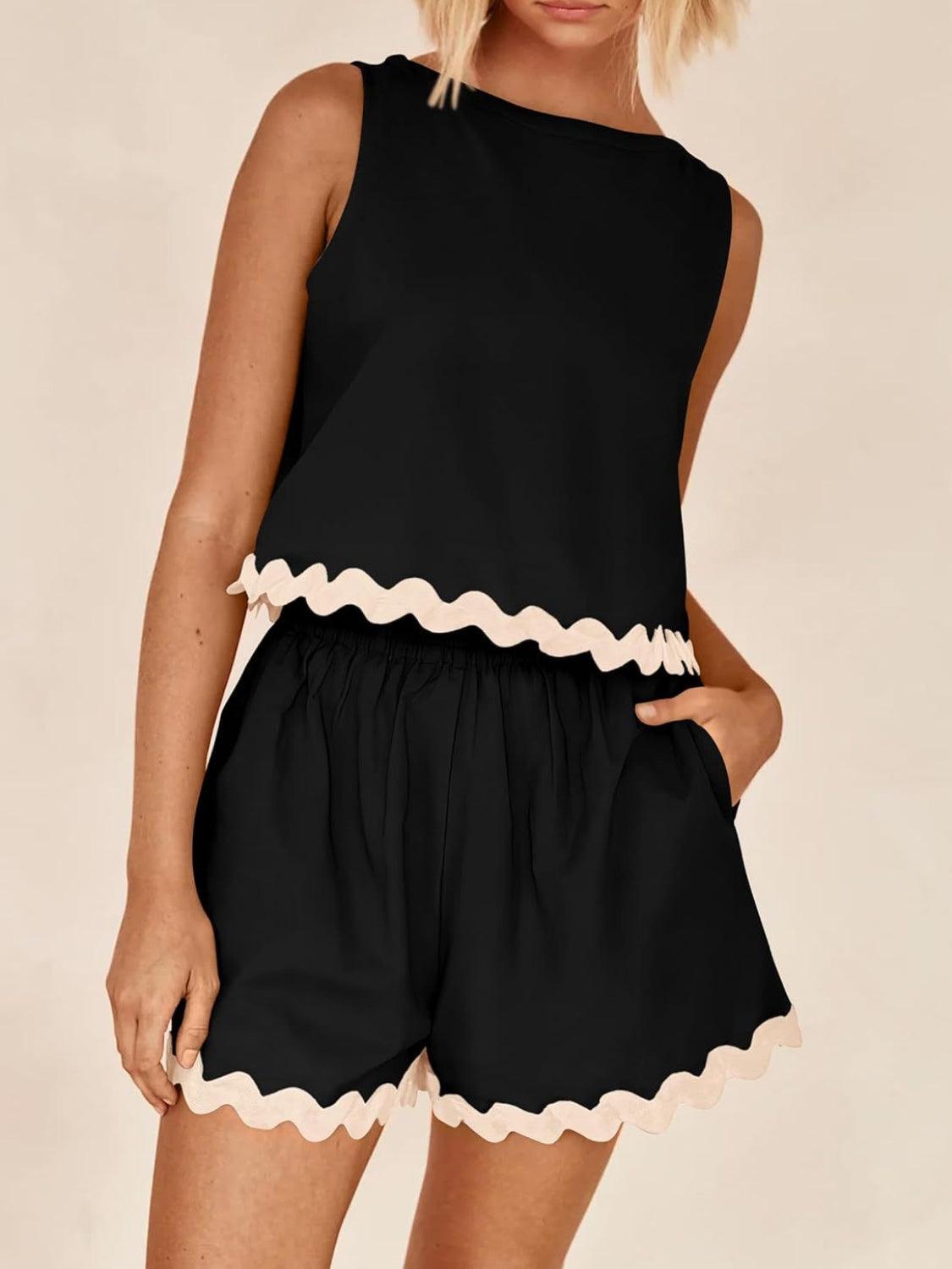 Contrast Trim Sleeveless Top and Shorts Set - Trendy by Luna