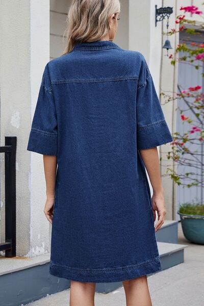 Johnny Collar Half Sleeve Denim Dress - Trendy by Luna