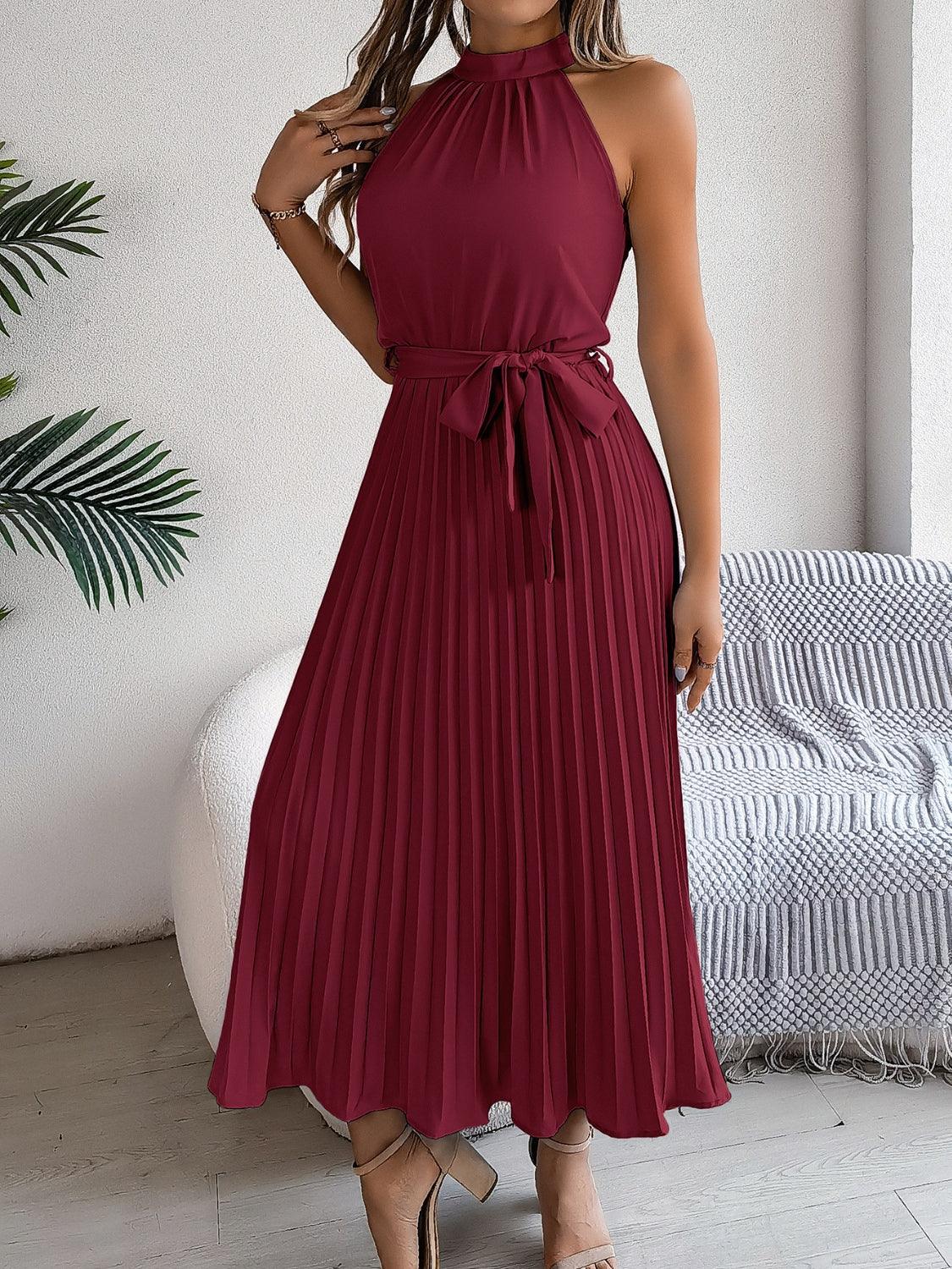 Pleated Tie Waist Sleeveless Midi Dress - Trendy by Luna