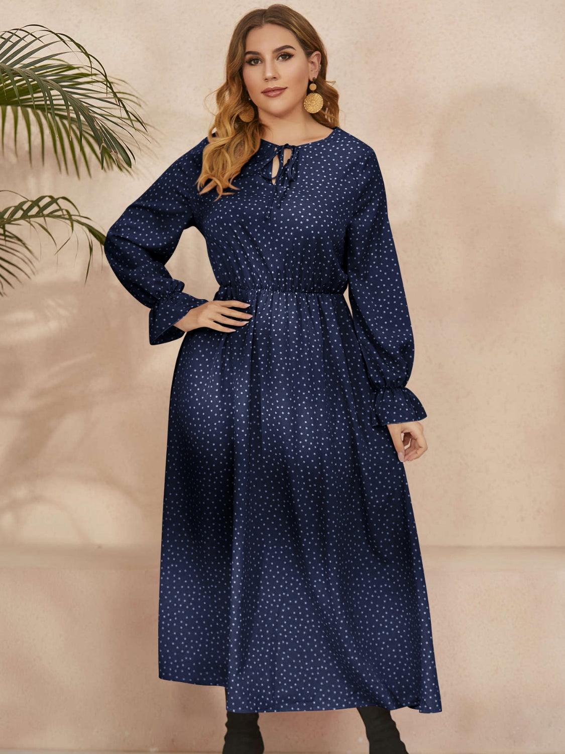 Honey Plus Size Ruffled Polka Dot Long Sleeve Midi Dress - Trendy by Luna