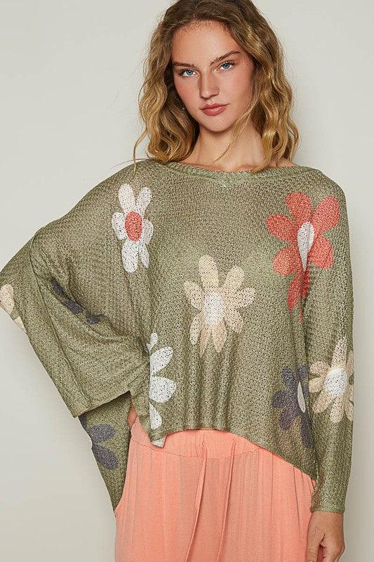 Flower Dropped Shoulder Long Sleeve Knit Top - Trendy by Luna