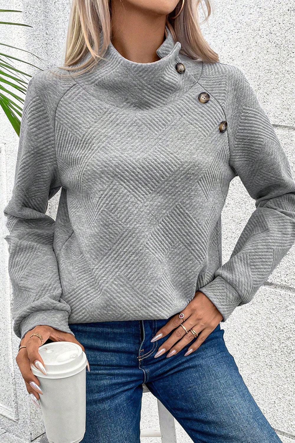 Textured Turtleneck Long Sleeve Sweatshirt - Trendy by Luna