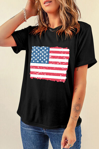 US Flag Round Neck Short Sleeve T-Shirt - Trendy by Luna