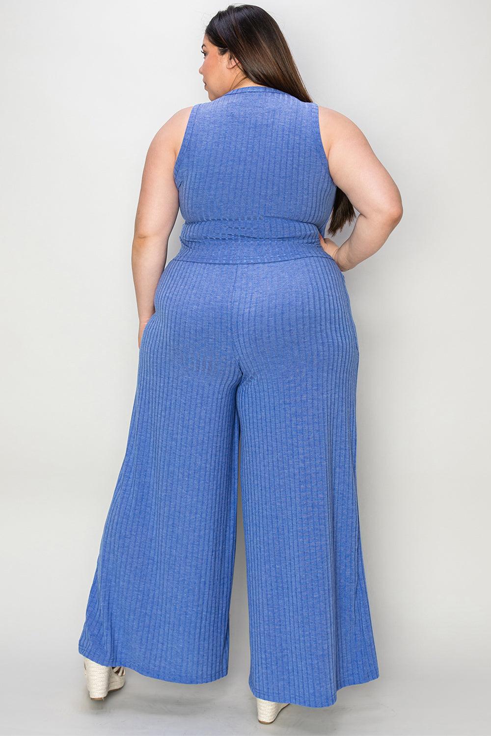 Full Size Ribbed Tank and Wide Leg Pants Set - Trendy by Luna