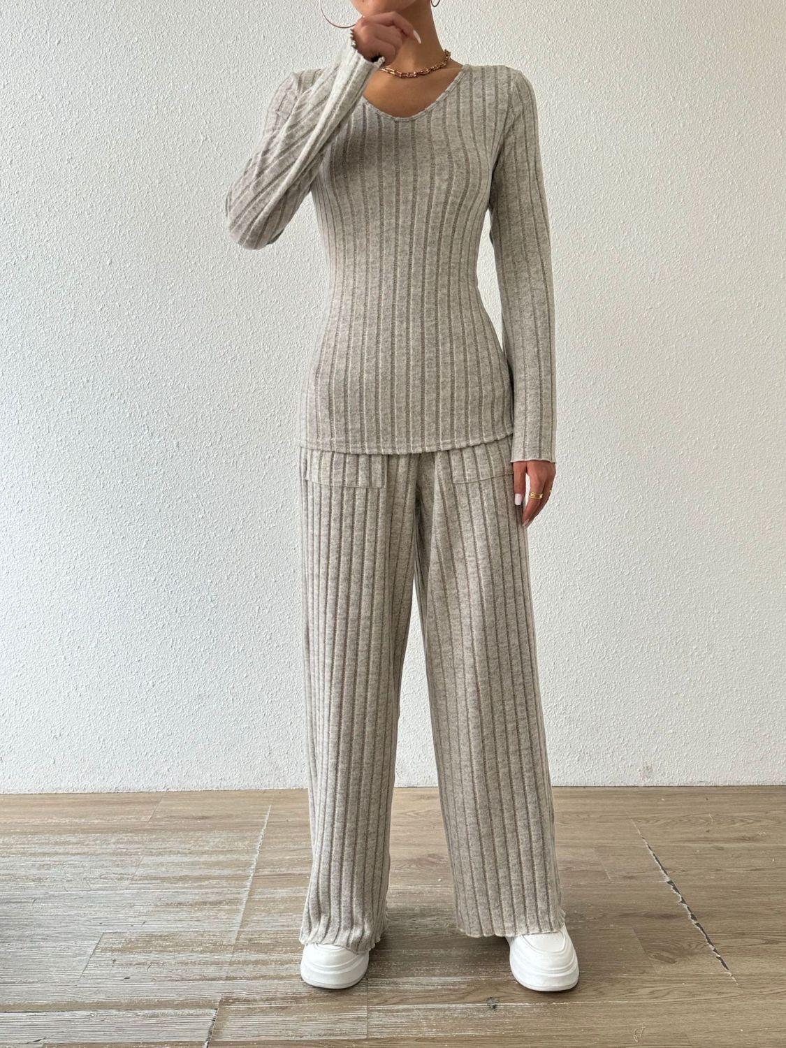 Ribbed V-Neck Long Sleeve Top and Pocketed Pants Set - Trendy by Luna