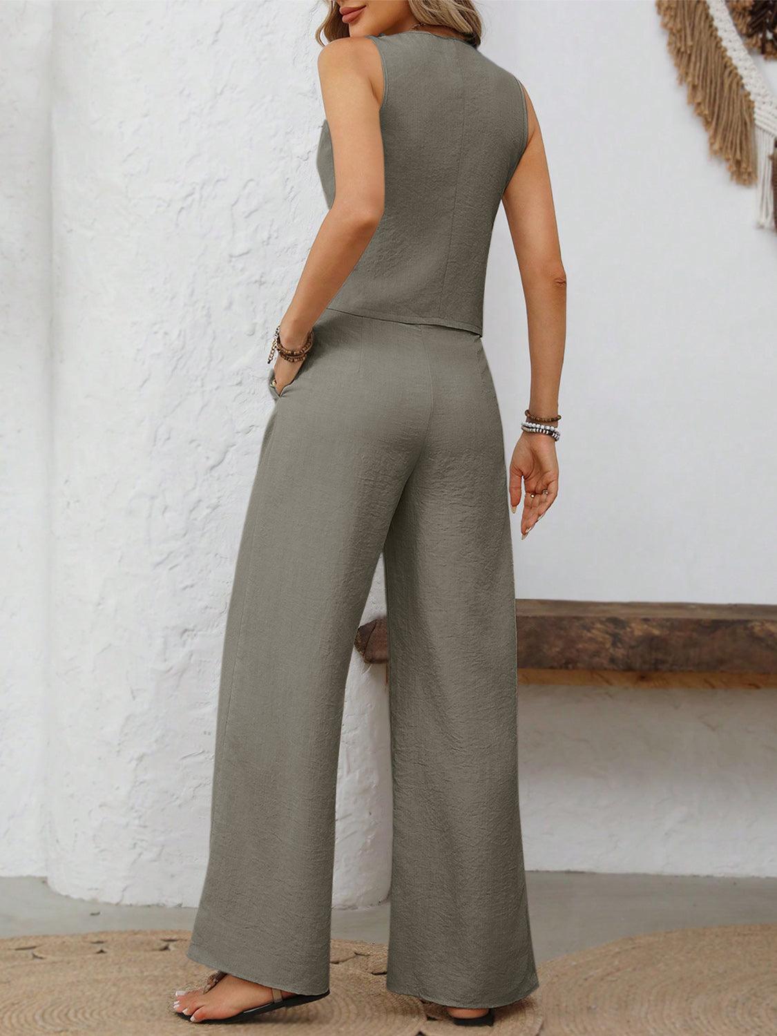 V-Neck Button Down Vest and Wide Leg Pants Set - Trendy by Luna