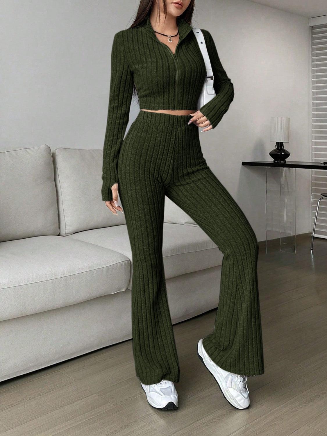 Honey Zip Up Long Sleeve Top and Pants Set - Trendy by Luna