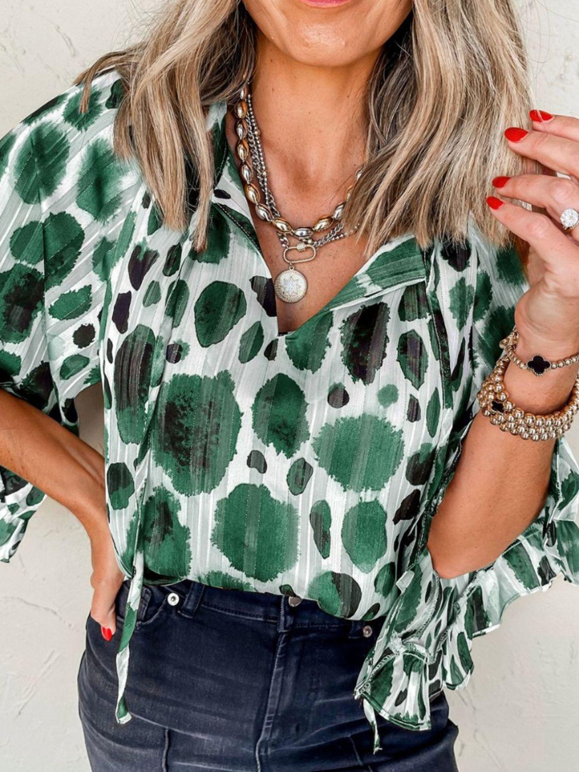 Printed Tie Neck Three-Quarter Sleeve Blouse - Trendy by Luna