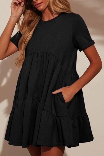 Tiered Round Neck Short Sleeve Mini Dress - Trendy by Luna