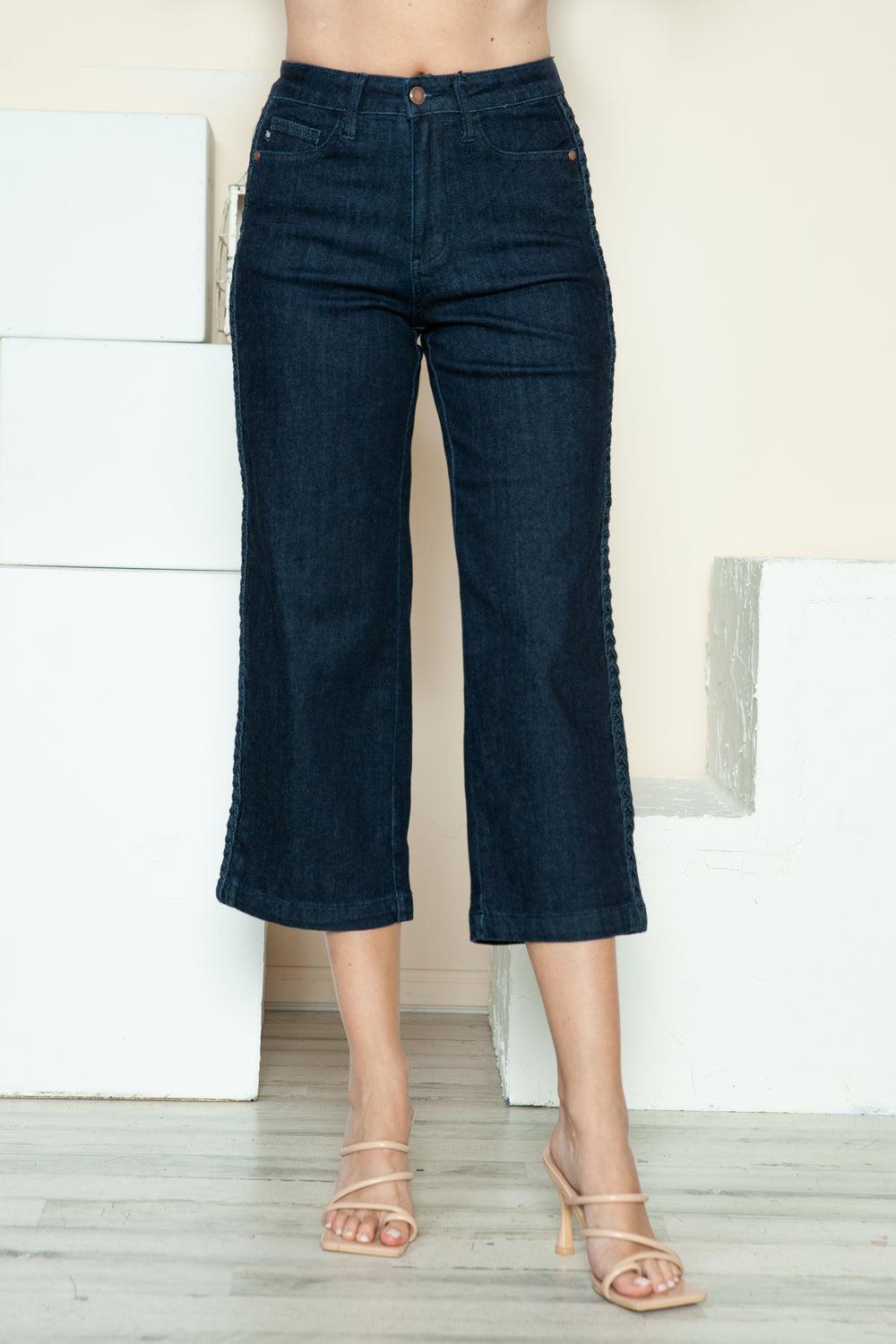 Full Size Side Seam Braid Detail Crop Wide Leg Jeans - Trendy by Luna