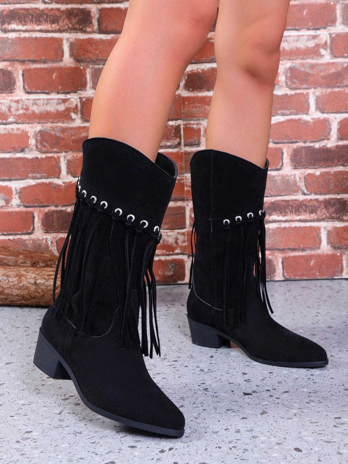 Fringe Suede Point Toe Block Heel Boots - Trendy by Luna