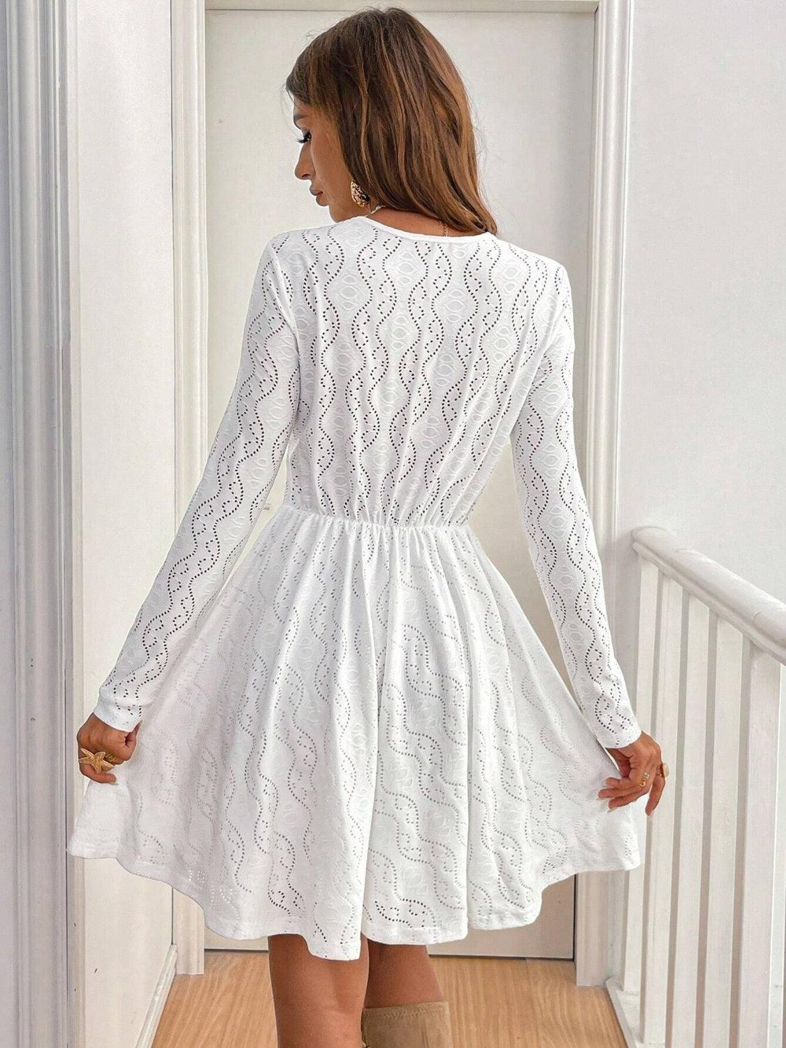 Lace Detail V Neck Long Sleeve Mini Dress - Trendy by Luna