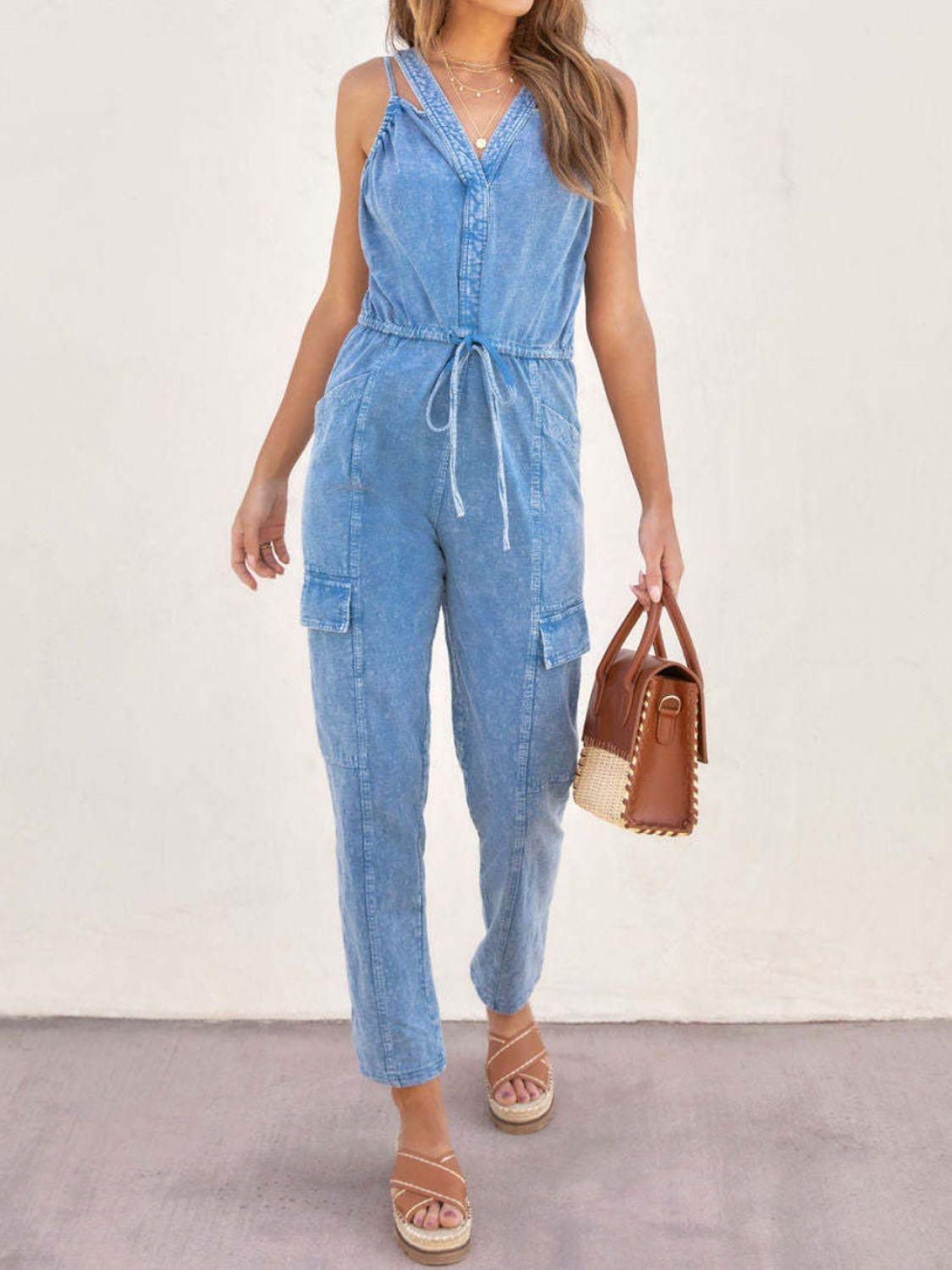 V-Neck Sleeveless Denim Jumpsuit - Trendy by Luna