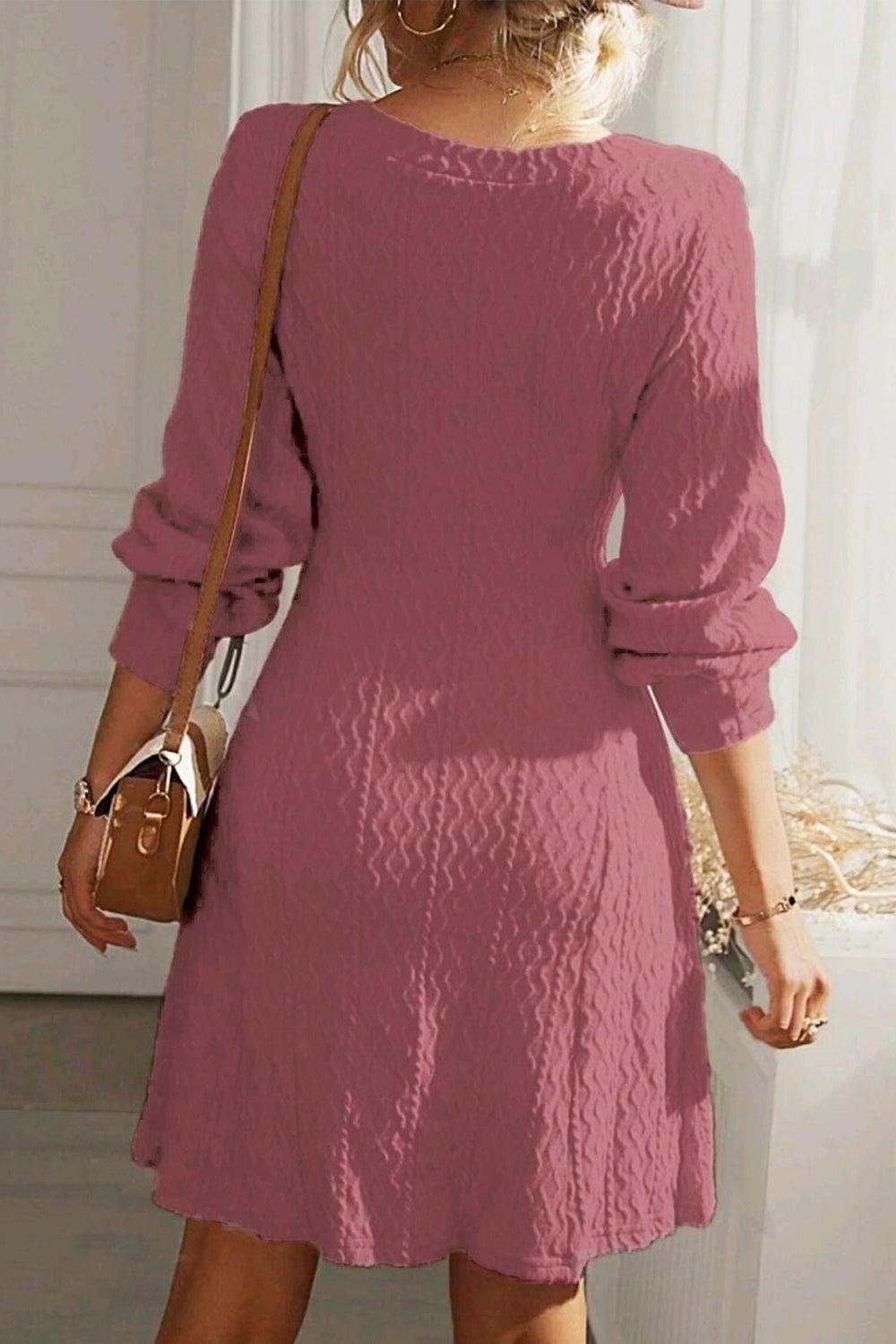 Texture V-Neck Long Sleeve Dress - Trendy by Luna