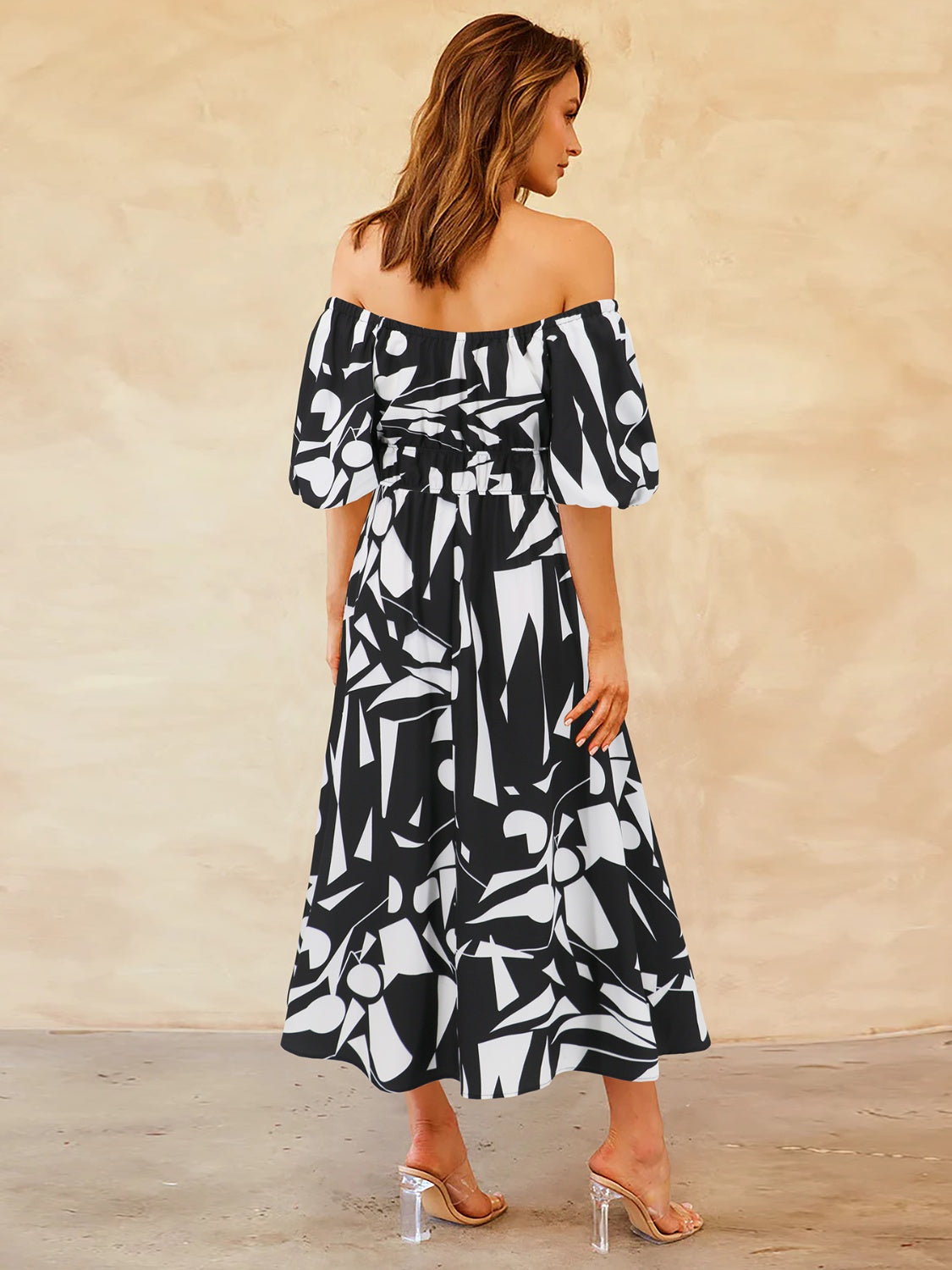 Printed Off-Shoulder Balloon Sleeve Dress - Trendy by Luna