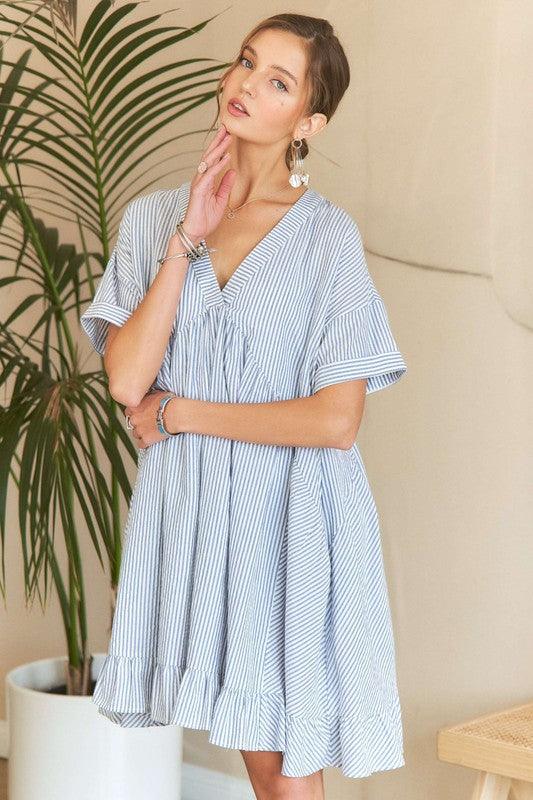 ADORA Ruffled Hem Striped V-Neck Babydoll Dress - Trendy by Luna