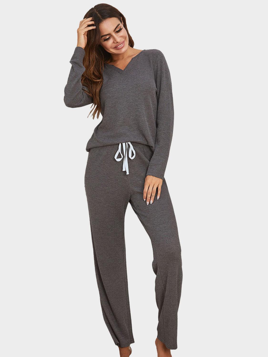 Notched Long Sleeve Top and Pants Set - Trendy by Luna