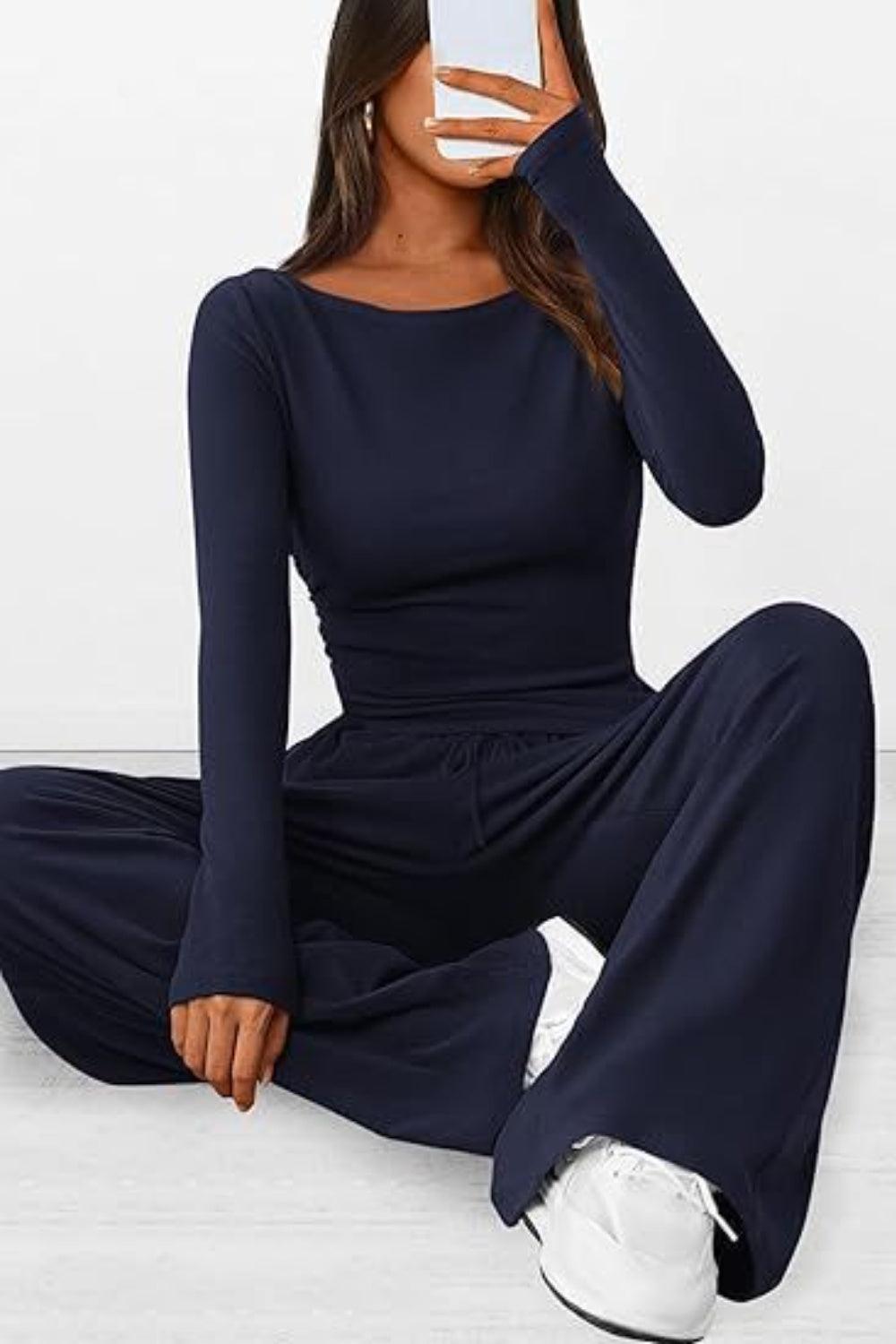 Round Neck Long Sleeve Top and Pants Set - Trendy by Luna