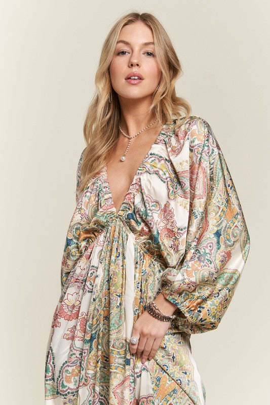 ADORA Printed V-Neck Batwing Sleeve Dress - Trendy by Luna