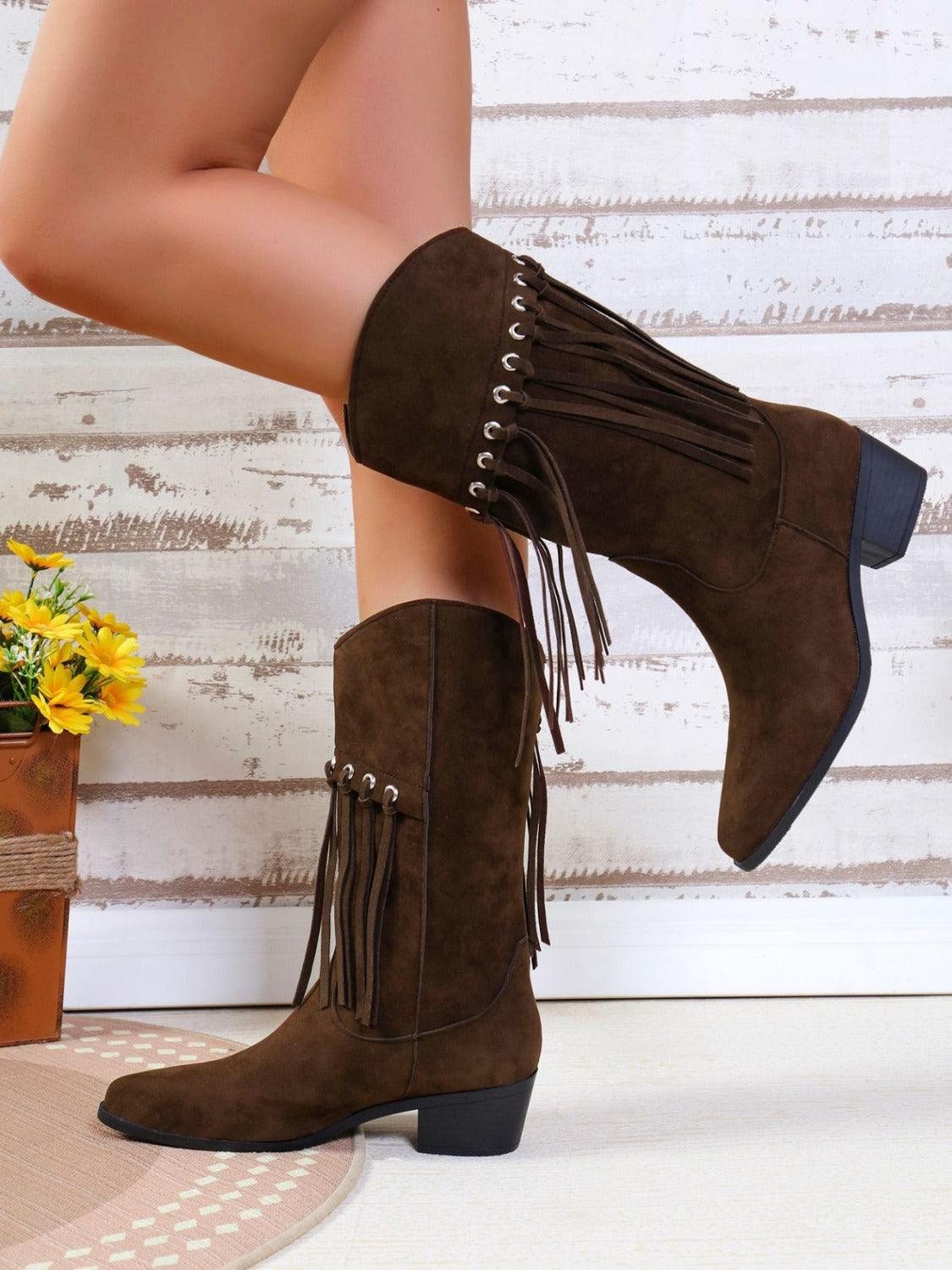 Fringe Suede Point Toe Block Heel Boots - Trendy by Luna