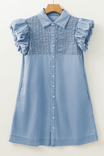 Smocked Collared Neck Cap Sleeve Denim Dress - Trendy by Luna