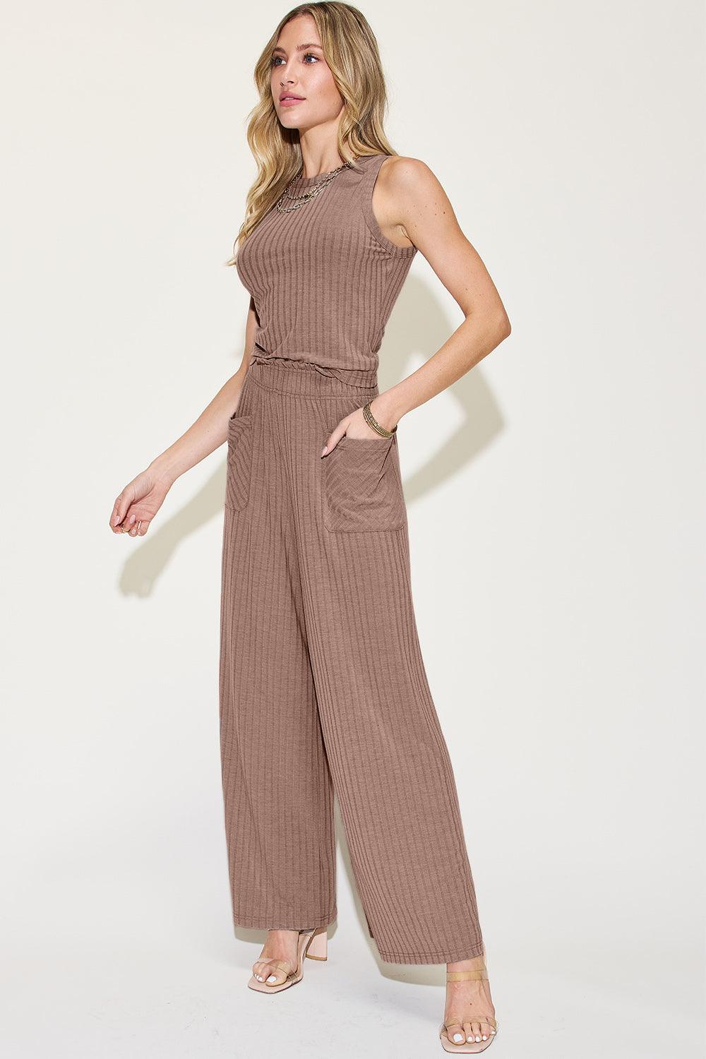 Full Size Ribbed Tank and Wide Leg Pants Set - Trendy by Luna