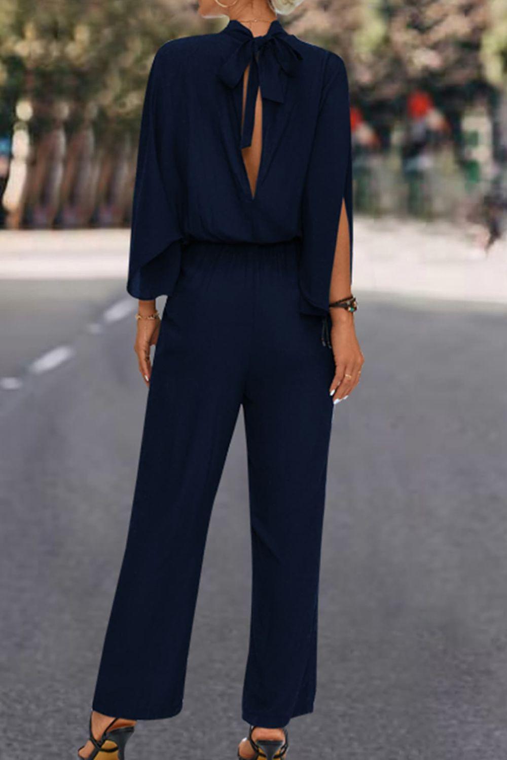 Tie Back Mock Neck Split Sleeve Jumpsuit - Trendy by Luna