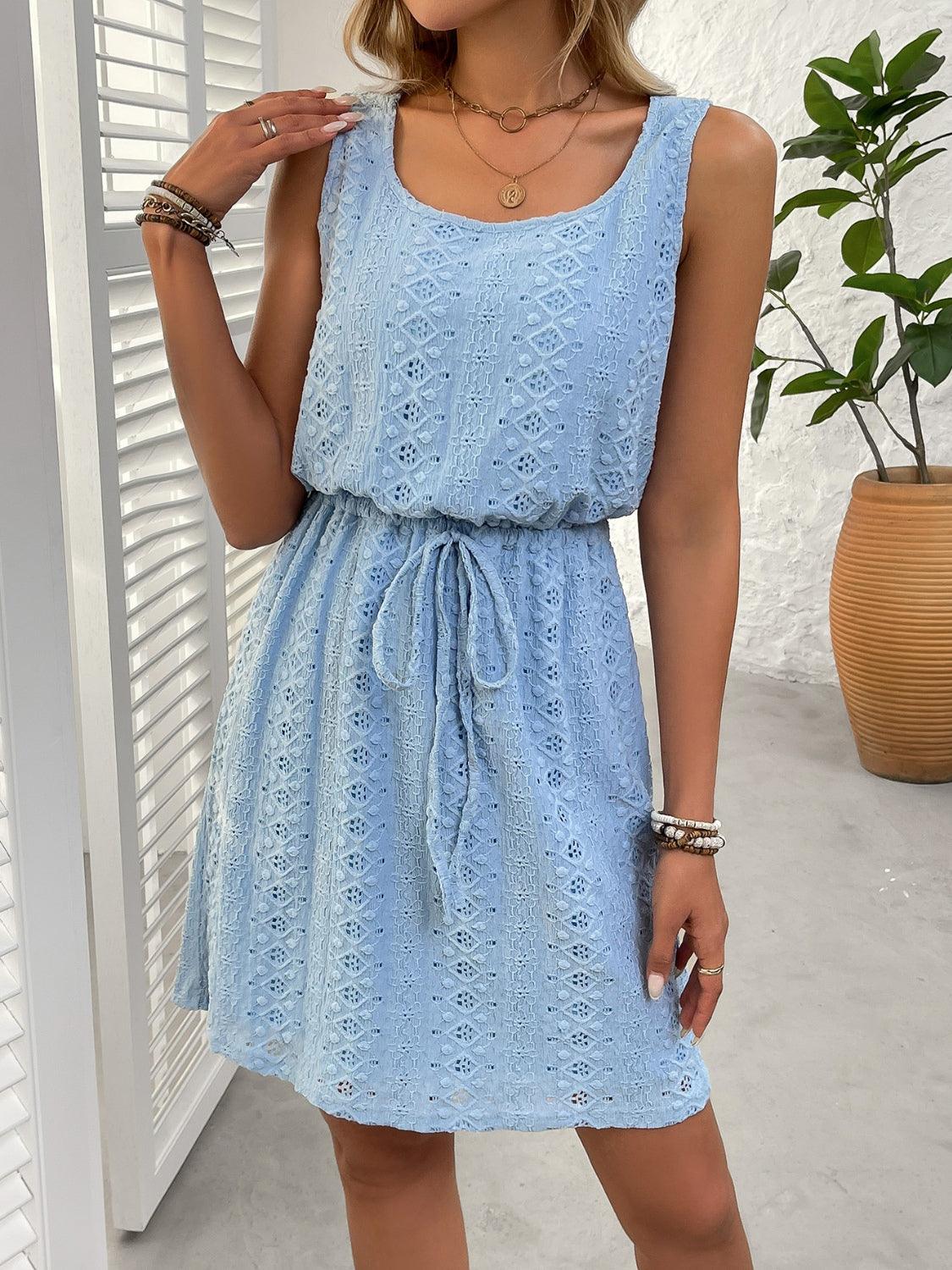 Eyelet Drawstring Round Neck Sleeveless Dress - Trendy by Luna