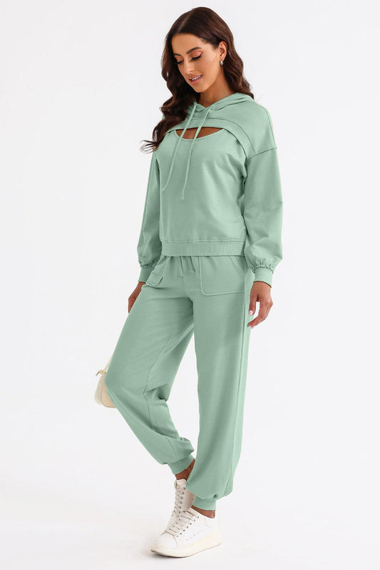 Cutout Drawstring Hoodie and Joggers Active Set - Trendy by Luna