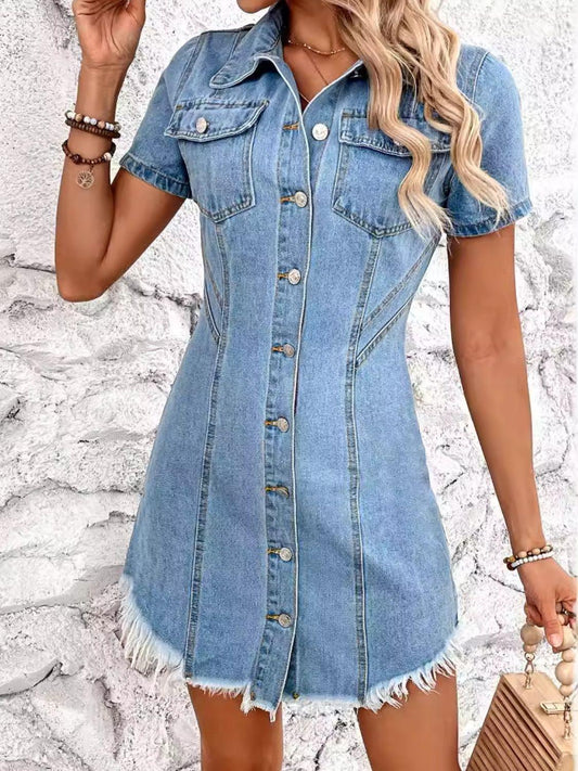 Raw Hem Button Up Short Sleeve Denim Dress - Trendy by Luna