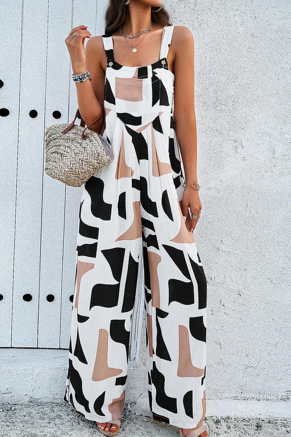 Printed Wide Strap Jumpsuit with Pockets - Trendy by Luna